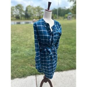 Draper James Windowpane Ruffle Shirt Dress Deep Teal size 6